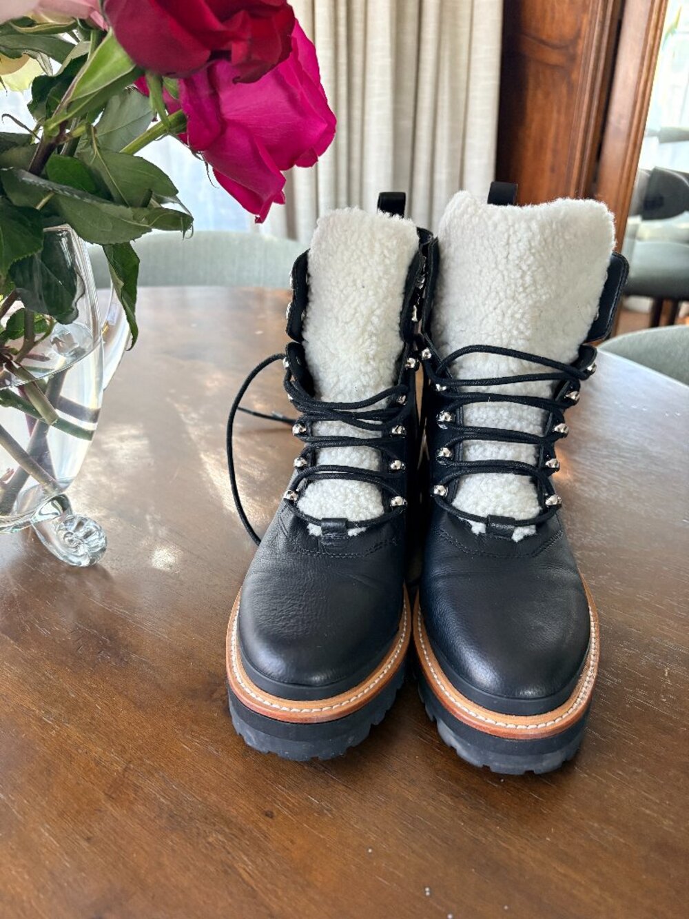 Marc Fisher Casual Boots Womens 9 Izzie Combat Black Leather Lace Up Round Toe